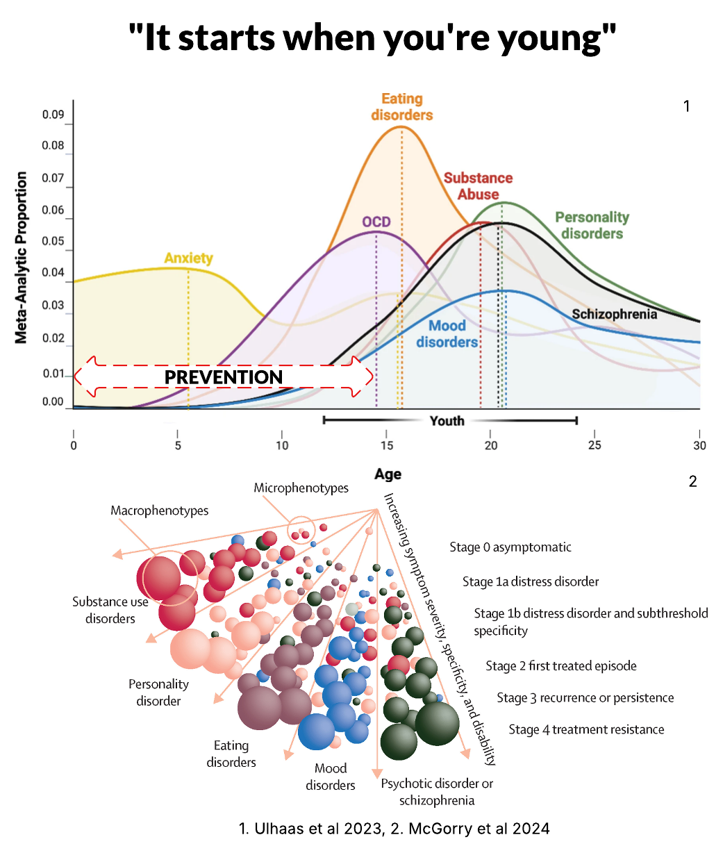 Components of Subjective Wellbeing - Page 2-2 Table for Ulhaas et al 2023 showing ages of peak diagnosis for common mental health disorders. Also figure from Mcgorry et al 2024 showing clinical stage model and how early distress eventually results in first episode of disorder.